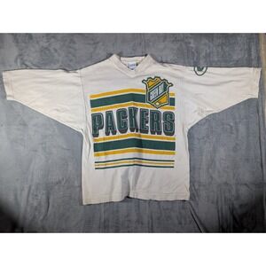 VTG 90s Green Bay Packers Salem Sportswear Batwing V-Neck Shirt Large XL White